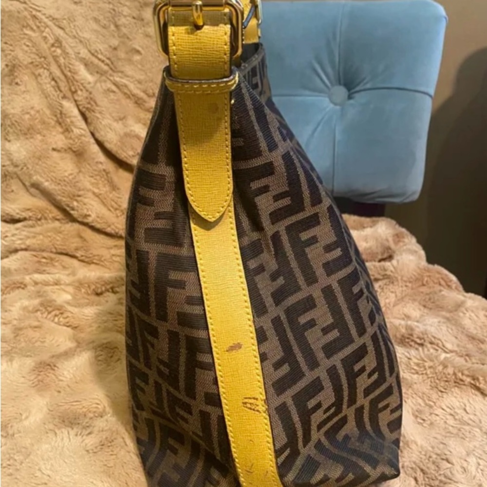 Fendi Brown Monogram Canvas Shoulder Bag with Yellow Leather Strap - Picture 4 of 8